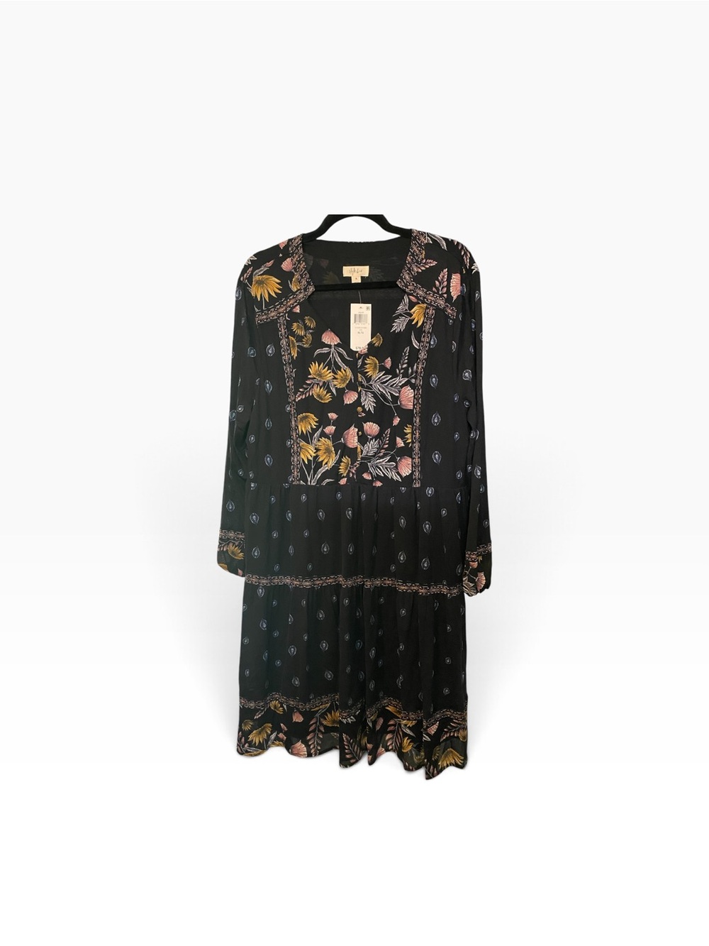 Style & Co. Black Long-Sleeve Floral-Panel Midi Dress